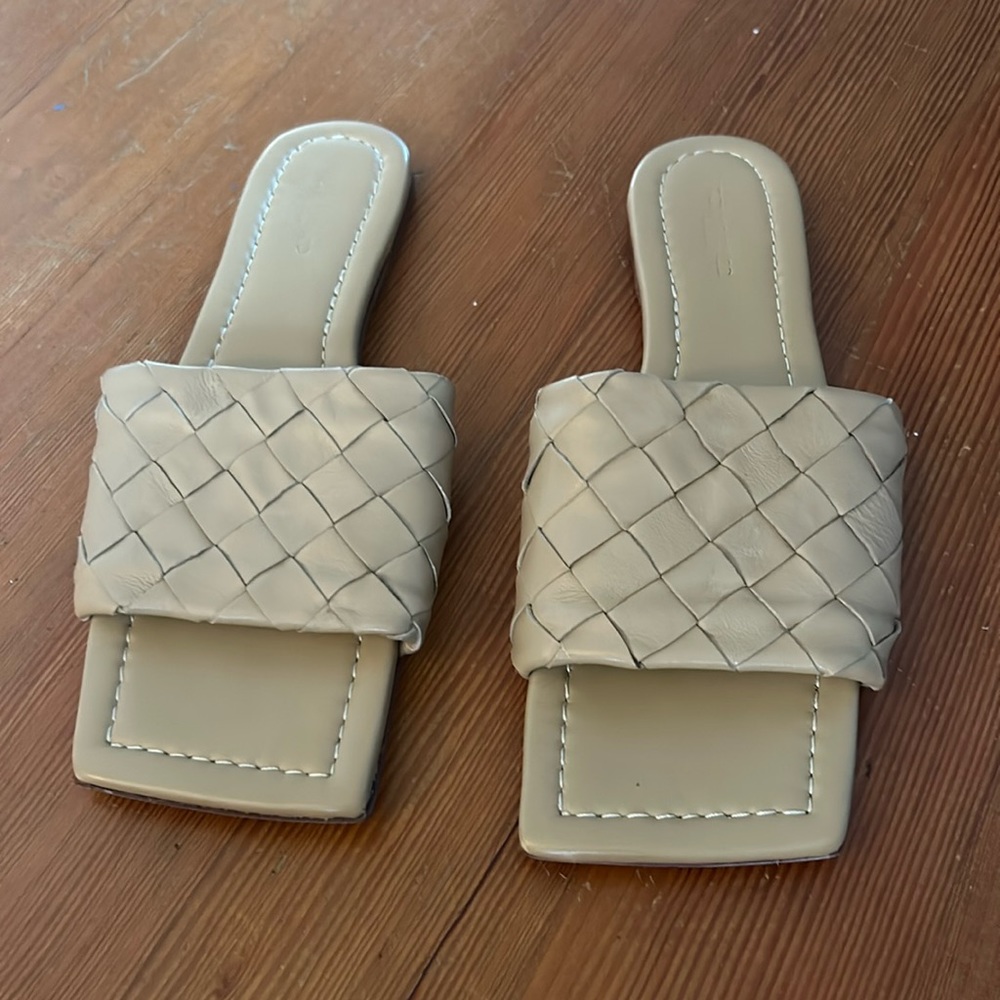 Tony Bianco Glamour Camel Napa Leather woven slides
